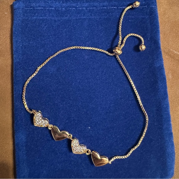 NWOT 4 Hearts CZ 18K Rose Gold Plated Box Chain Lariat Bracelet - Picture 2 of 3